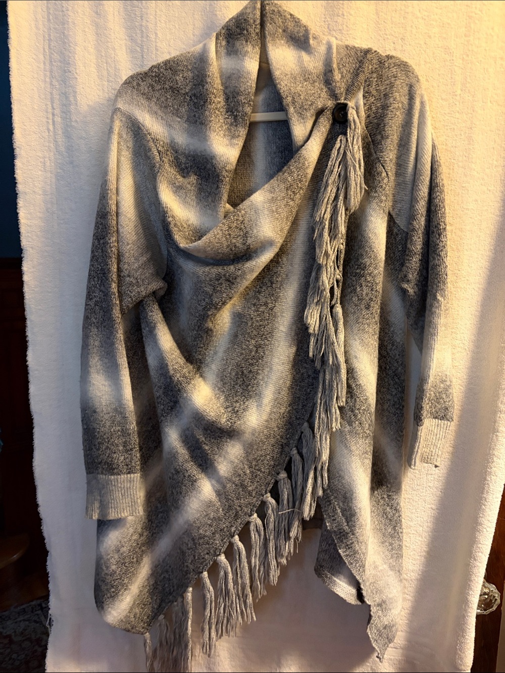 Gray Ombre Fringe Wrap Sweater Cardigan